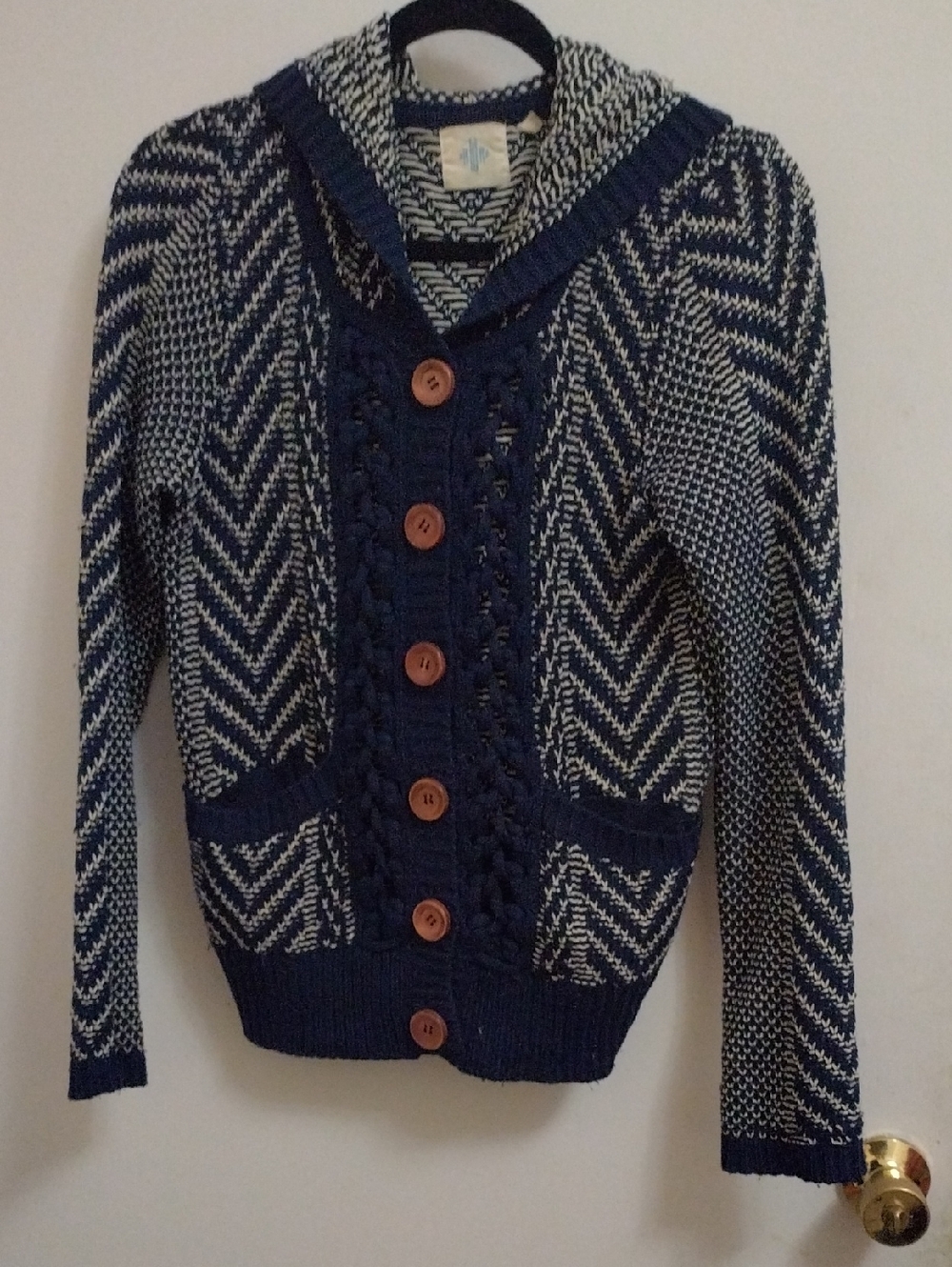 HWR Navy & White Knit Hooded Cardigan Sweater Sz S